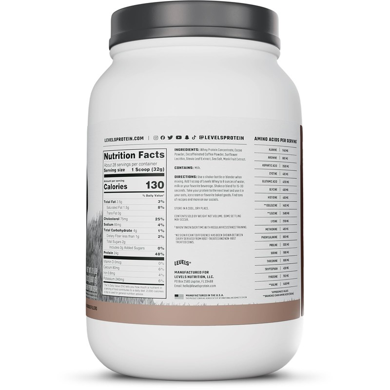 Levels Grass Fed Whey Protein Powder, No Artificials, 24G of