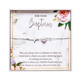 RareLove Goddaughter Baptism Gifts 925 Sterling Silver Cross and Pearl Chain Link Bracelet First Reconciliation Gifts for Girls Goddaughter Gifts from Godmother