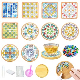 Airsnigi 10 Set DIY Mosaic Tiles for Crafts Mixed Color Glass Mosaic Kits with Wooden Coasters DlY Coasters Kit Mosaic Supplies for Adult DIY Kit Bamboo Coaster Christmas Gift for Drinks Tray