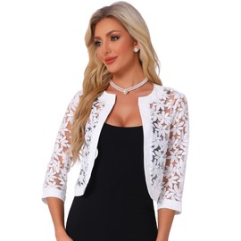Allegra K Floral Lace Shrug for Women's 3/4 Sleeve Cropped Open Front Elegant Sheer Bolero Cardigan Small White