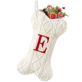 Malier Dog Christmas Stocking with Initials, Letter E Embroidered Knit Christmas Stocking for Dogs, White Large Bone Shape Xmas Pet Stockings Hanging Stocking for Dogs Cats Pets (White, E)