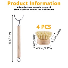 Wooden Washing Up Brush with Interchangeable Head, Set of 4, Dish Brush Kitchen Brush with Natural Fibre, Washing Up Brush with 3 x Replacement Heads, Cup Brush Made of Natural Fibre with