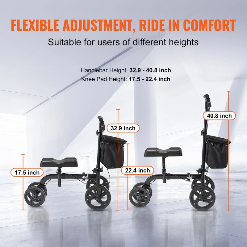 Knee Scooter Carbon Steel Folding Knee Walker Recovery Scooter 300LB