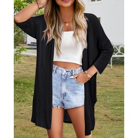 Arach&Cloz Women's 2025 Cardigan Long Lightweight Casual 3/4 Sleeve Open Front Cardigan Summer Dress Beach Cover Up, black