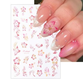 7Sheets Spring Flower Nail Stickers Glitter Flower Nail Art Stickers Colored Floral Nail Decals 3D Self-Adhesive Summer Green Leaves Butterflies Nail Supplies for Women DIY Nail Art Decorations