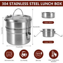OUZHOU Stainless Steel Lunch, 1100ML Leakproof Metal Bento with Compartments, BPA Free Stainless Steel Food Containers Reusable, Sandwich Boxes for Adults and Children