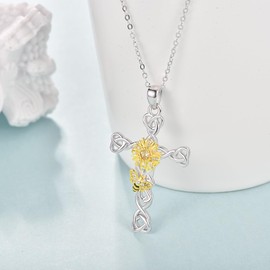 KINGWHYTE Daisy Necklace 925 Sterling Silver Celtic Cross Pendant Daisy Bee Necklace Jewellry Birthday Anniversary Christmas Gifts for Women