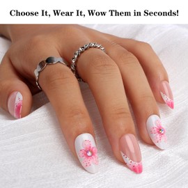 Mivota 3D Flower Press On Nails Short Almond – 24PCS Pink French Fake Nails with Rhinestones, Glossy White Acrylic Stick On Nails with Glue Kit, Elegant Floral Reusable Nails for Women & Girls