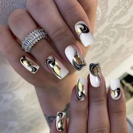 Leuhiove Square Press on Nails Medium Length White Fake Nails with Black Gold Stripe Irregular Pattern Designs with Glue Acrylic Artificial Nails Glue on Nails Stick on Nails For Women Girls 24Pcs