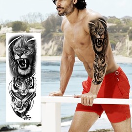 PADOUN Animal Temporary Tattoo Sleeve, 8-Sheet Large Temporary Tattoos Women Full Sleeve Temporary Tattoos, Wolf Lion Tiger Tattoos for Adults Men Waterproof Black