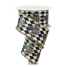 Craig Bachman 2.5" Fleur De Lis Harlequin Tinsel Ribbon: Mardi Gras (10 Yards) Mardi Gras Gift Wrapping Floral Arrangement Craft Wired Ribbon