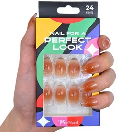 Uñas postizas PerfectLook - Café moca | Uñas cortas color nude marrón ataúd sin pegamento con acabado brillante para uso diario - Kit de 24 piezas con