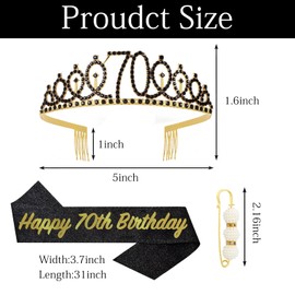 POPOYU 70th Birthday Crown and Sash, Crown 70th Birthday Women, 70th Birthday Tiara, Black Gold, Crown 70th, 70th Birthday Girl Headpiece for Birthday Gift, Party Supplies