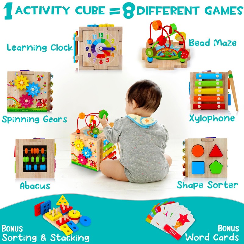 HELLOWOOD 8-in-1 Wooden Activity Cube for Kids, Sorting & Stacking