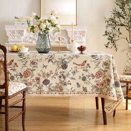 ISAENNE French Tablecloth for Rectangle Tables,Linen Table Cloth with Flowers and Birds Pattern,Heavy Durable Table Cover for Dining Thanksgiving Kitchen Decor Party Banquet Christmas,55"*71"