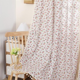 Moslovstar - 1 par de cortinas de lino floral, estilo rústico, para filtrar la luz, con bolsillo para barra, borlas beige, 52 pulgadas de ancho x 84 pulgadas de largo, flores de rosa roja en beige