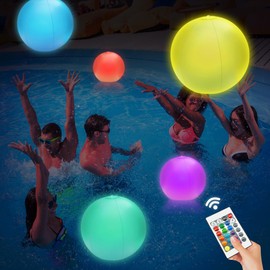 4 Pack LED Light Up Beach Ball 16", Glow-in-The-Dark Inflatable Pool Toys, Floating Balls with 16 Colors, 4 Lighting Modes, Perfect for Kids' Outdoor Indoor Games, Swimming Pool Party Decorations