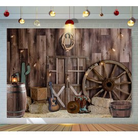 Alltten 7x5ft Western Cowboy Backdrop Cowboy Party Photography Backdrop Wild West Vintage Wooden House Barn Door Party Decorations Western Theme Background Banner Props F69