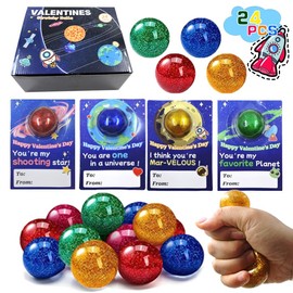 24 Packs Valentines Day Gift Cards with Galaxy Stress Ball Set - Stretchy Squishy Toy Balls Sensory Squeeze Toys Stress Relief Fidget Toys for Kids Classroom Exchange Prizes, Valentine Party Favor