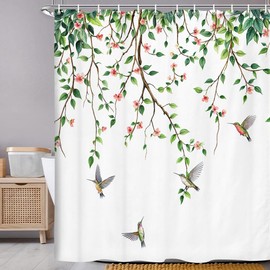 Cortina de ducha de hojas verdes salvia para baño, decoración de flores botánicas de primavera, plantas de pájaros, impermeable, juego de cortina de ducha con ganchos, 69 x 72 pulgadas