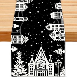 Heirloom Haven Christmas Table Runner Decorations, Black White Castle Xmas Tree Star Tabletop Runner Winter Seasonal Holiday Table Runner Decoration for Kitchen Dinning Home Indoor Party Decor 13x72in