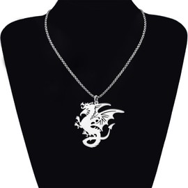 LONYOO Welsh Dragon Necklace Stainless Steel Pendant Jewellery Fantasy Dinosaur Gifts for Women Girls Trendy 18K Gold Charms, Stainless Steel, No Gemstone