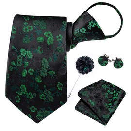 Hi-Tie Zipper Green and Black Floral Ties for Men Adjustable Pre-Tied Necktie Lapel Pin Pocket Square Cufflinks Set