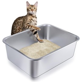 Stainless Steel Cat Litter Box - Large Metal High-Sided Pan for Cats, Pets, Non-Stick, Odor-Free, Easy to Clean, Splash-Proof, Durable (17.7" L x 13.8" W x 6" H)