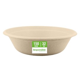 Responsible Products Molded Fiber Bowls, Tree-Less™ Compostable Molded Fiber Bowls, Extra Strength, Tree-Free and Made Without PFAS (Natural Brown, 32 oz (150 Count))