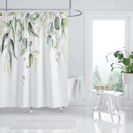Hipposama Sage Green Eucalyptus Shower Curtain, Watercolor Plant Leaf Shower Curtain Set, Botanical Shower Curtains for Bathroom, Waterproof Fabric with 12 Hooks, 72 x 72 Inches