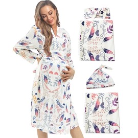 WINROLA Maternity Robe with Matching Swaddle Set, Mommy Me Set Soft Women Maternity Sleepwear Bathroom Long Sleeves Robe (US, Alpha, XX-Large, Regular, Regular, YFB09WHITE5)
