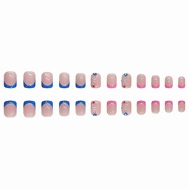MISUD Short Press on Nails Square Fake Nails Glossy Glue on Nails Pink Blue French Tip Acrylic Nail Supplies Squoval Artificial Nail Art Summer Flower Stick on False Nails with Design DIY 24 pcs