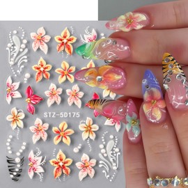 3PCS Summer Hawaiian Flower Nail Art Stickers 5D Hibiscus French Gradient Nail Decals Summer Ocean Beach Shell Pearls Nail Design Beach Floral Nail Supplies French Nail Decorations for Women DIY