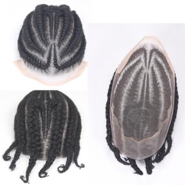 Lace Front+PU around Q6 Base Afro Braid Toupee for Men Afro Curl Hair Pieces for Men 100% Human Hair Replacement System 10x8inch Lace Human Hair Units (Style3 Braid)