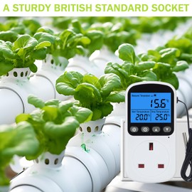 PRITOK Thermostat Plug Socket with 1.7m Sensor: Digital Temperature Controller Outlet, 230V Heating Cooling Timer Switch, Thermostat Outlet Socket for Greenhouse Reptile Farm Freezer Fermentation