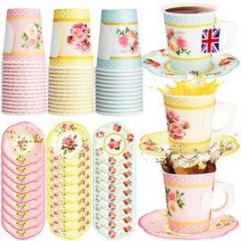 SiliFine 30 Sets Floral Paper Cups and Saucers, 7 oz Disposable Tea Party Cups with Handle and Plates Tea Party Decoration for Birthday Wedding Bridal Shower Mother's Day