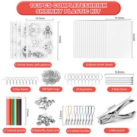 yyoemas 183 PCS Shrinky Dink Keychain Kit,15 PCS Shrinky Dink Sheets with Colored Pencils,Hole Punch,Keychains,Colored Buckle Chains for Shrinky Dink Crafts Jewelry Making DIY