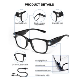 OKH Reading Glasses with Lights, Rechargeable, Bright LED Lighted Readers 2.5, Hands-free 160% Magnifying Eyeglasses for Close Work, Reading, Unisex