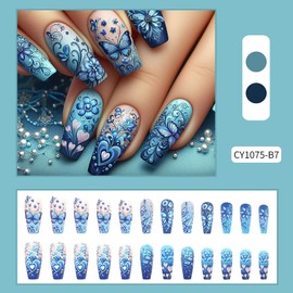 24Pcs Blue Press on Nails Medium Coffin Fake Nails Ballerina Shaped Glue on Nails with Flower Designs Acrylic Artificial Nails Cute Full Cover False Nails Stick on Nails for Women Girls