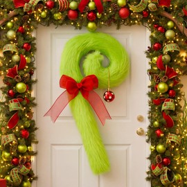 Janinka Christmas Candy Cane Wreath Ornament Lime Green Furry Hanging Wall Door Decorations Xmas Christmas Wall Decor Front Door Garland Decorations Holiday Sign for Tree Indoor Outdoor Home Window