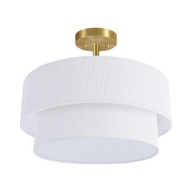 Semi Flush Mount Ceiling Light, 16.5'' Gold Light Fixture Ceiling Mount, Modern Anti-Glare Close to Ceiling Light with 2-Layer White Linen Shade for Bedroom Hallway Living Room (E26 Base,No Bulb)