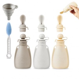 PandaEar Paquete de 3 Bolsas de Silicona para Alimentos para Bebés, Bolsas Exprimibles Reutilizables para Niños Pequeños con 3 Cucharas Alimentadoras de Puré de Silicona, Almacenamiento de Alimentos