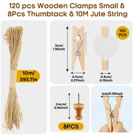 Hengxinc 129PCS Mini Wooden Heart Pegs, 2.4cm Natural Small Photo Pegs, White photo clips with 10m String for Photo Wall Display, Craft, Weddings & Party, Small Pegs for Hanging Photos