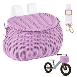 Kids Bike Basket, Basket Handwoven Cycle Basket for Kids, Children Cycling Basket, Bike Scooter Tricycle Basket with Lid Shoulder Strap, Rattan Basket, Front Handlebar Basket for Girls 12-18, Purple