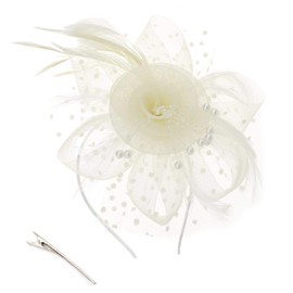 OTOTEC 1x Beige Blume Feder Fascinator Hut Stirnband mit Haarspange Mesh Imitation Perle Haarschmuck Headwear Gabeln Clips Rennen Hochzeit Mädchen Frauen