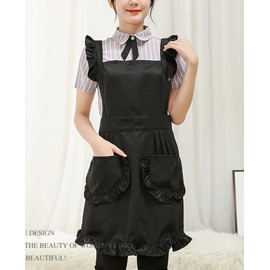 Yuaxme Cute Aprons Retro Kitchen Cooking Aprons Adjustable Ruffle Apron for Cafe Shop Baking Gardening (Black)