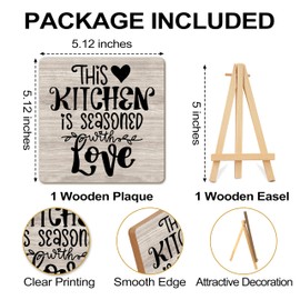 Beshoul Funny Kitchen Decor, This Kitchen is Seasoned with Love Kitchen Sign Decor, Farmhouse Wooden Plaque with Easel for Dinging Room Table Shelf Decor and Accessories-F05