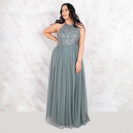 Maya Deluxe Women's Ladies Bridesmaid Maxi Dress Halter Neck Sequin Embellished Prom Graduation Wedding, Misty Green, 12