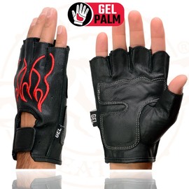 Milwaukee Leather SH198 Men's Black Leather Gel Padded Palm Fingerless Motorcycle Gloves w/Red Flame Embroidery - Medium