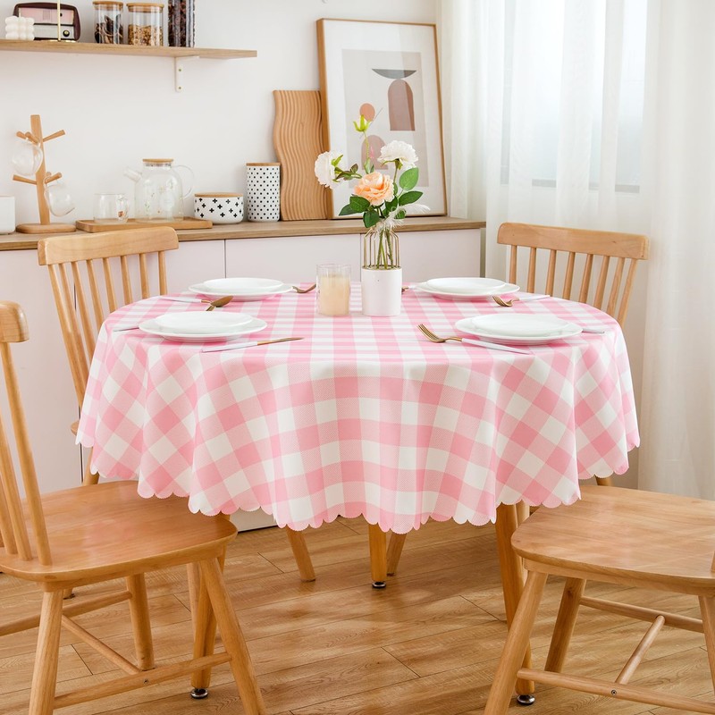 MANGATA CASA Baby Pink Gingham Round Tablecloth-2Pcs Checkered Table Cloth
